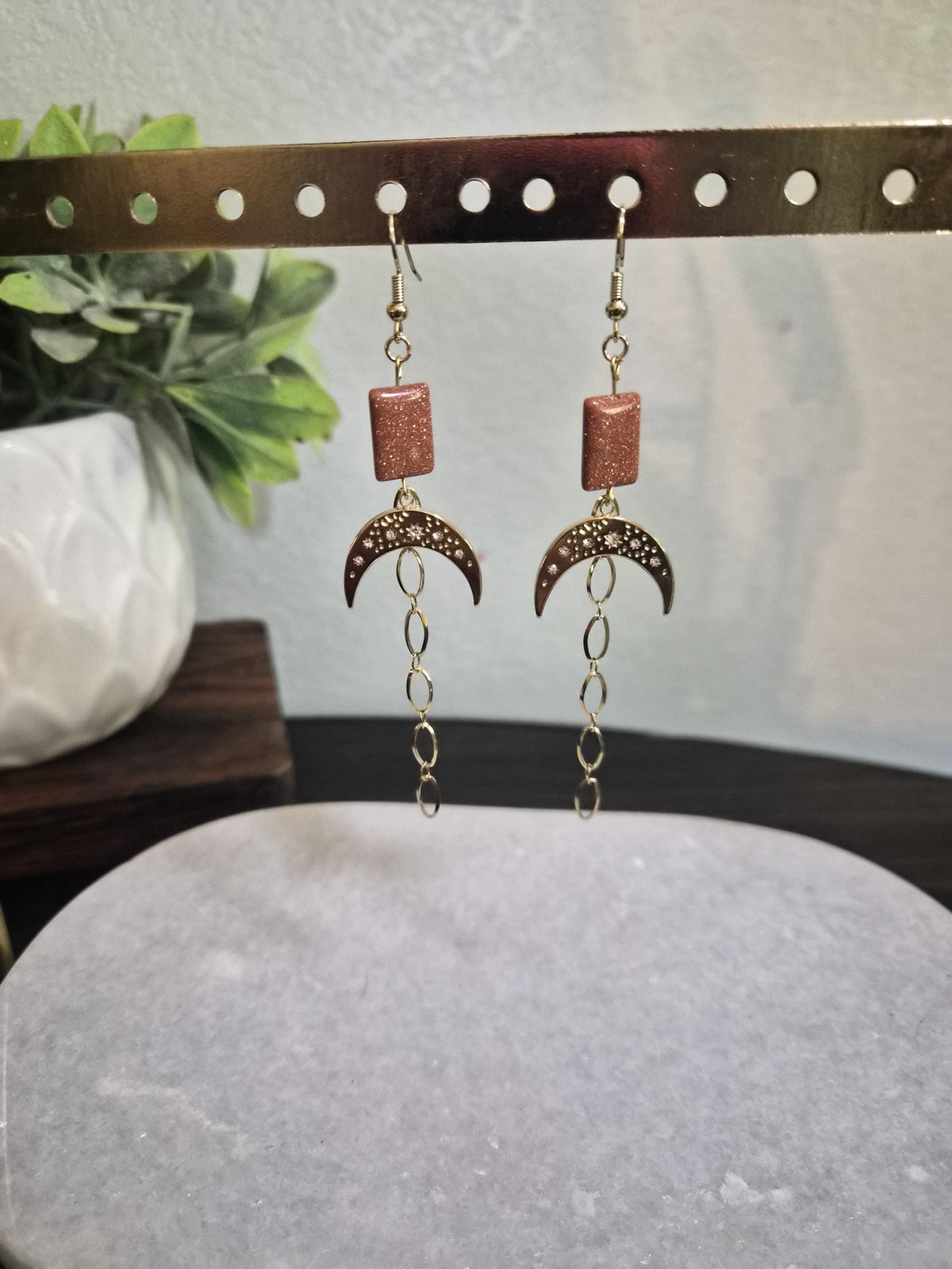 Goldstone Crescent Moon Earrings