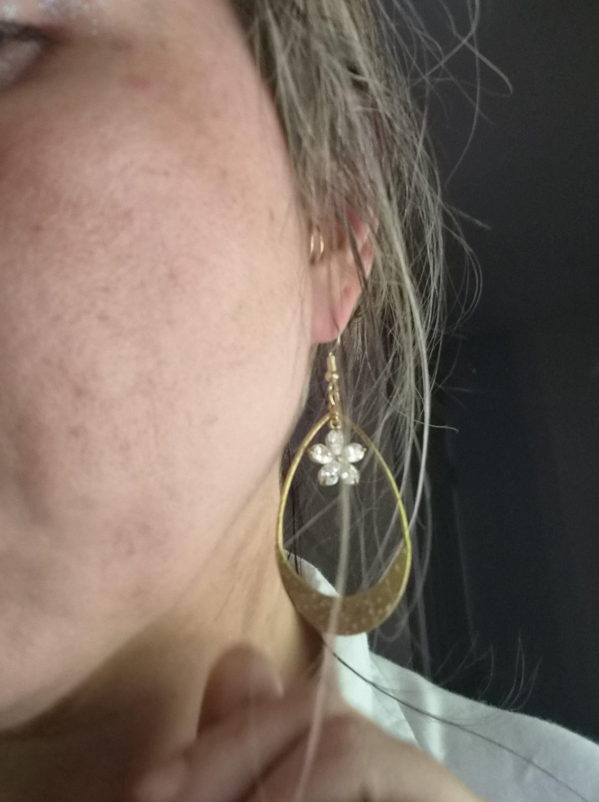 Gold Teardrop Earrings with Crystal Flower Charm