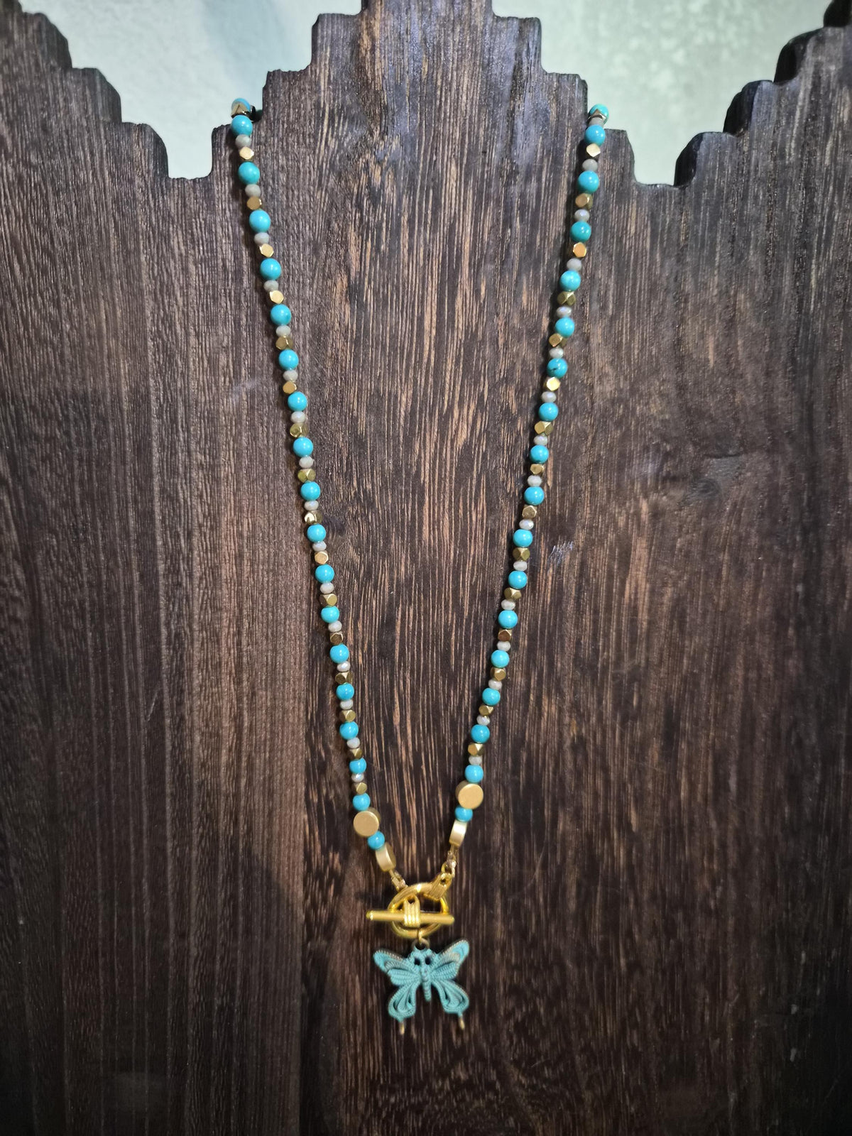 Turquoise Seed Bead Necklace with Butterfly Pendant