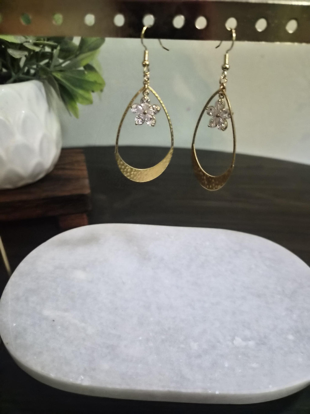 Gold Teardrop Earrings with Crystal Flower Charm