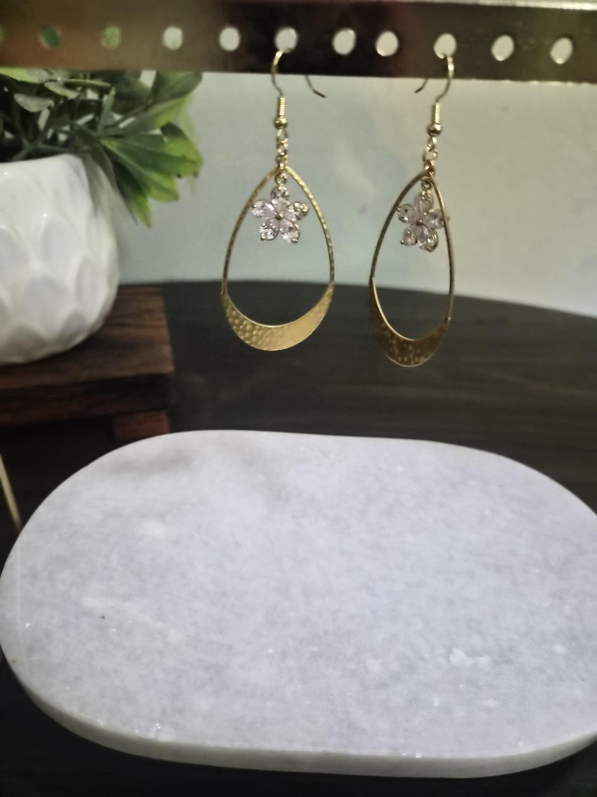 Gold Teardrop Earrings with Crystal Flower Charm