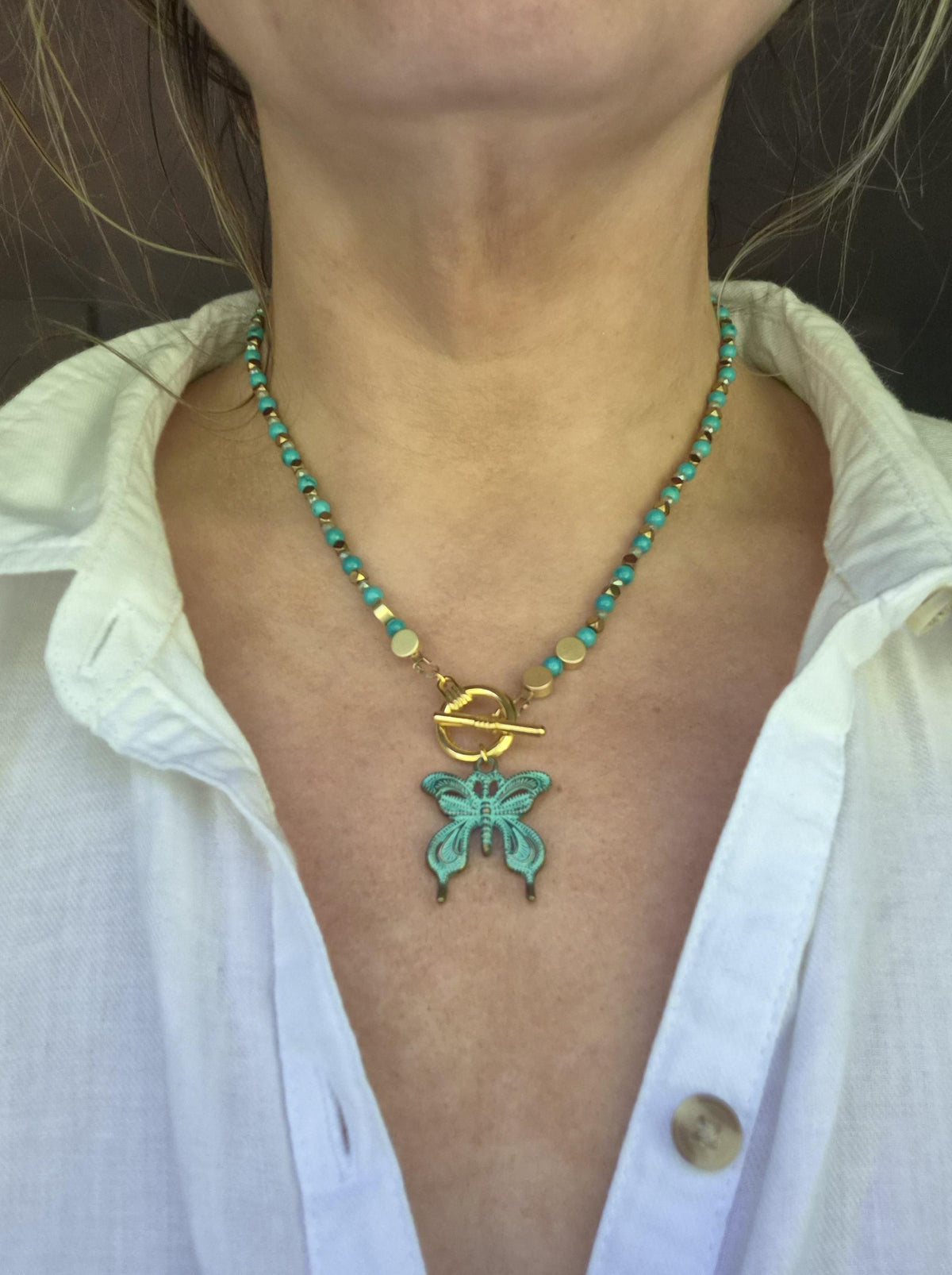 Turquoise Seed Bead Necklace with Butterfly Pendant