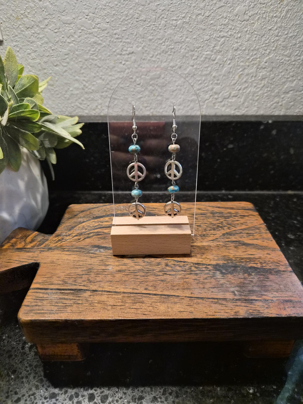 Silver Peace Sign Earrings with Turquoise