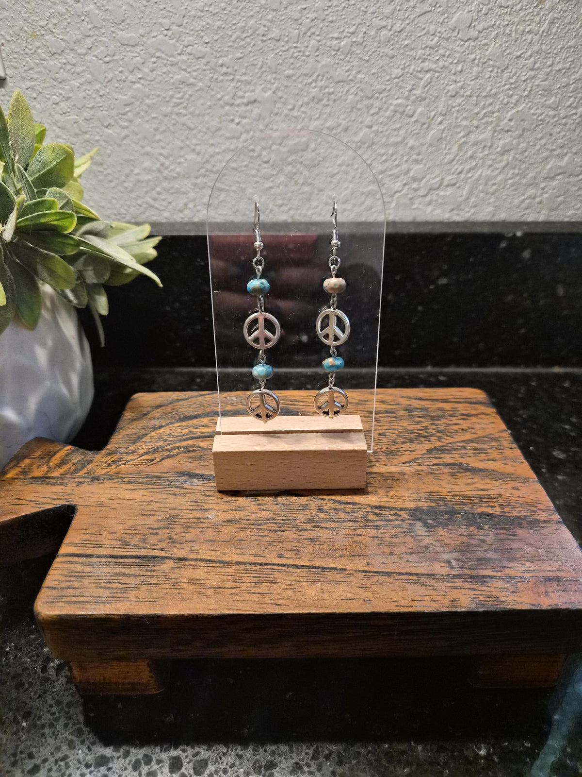 Silver Peace Sign Earrings with Turquoise