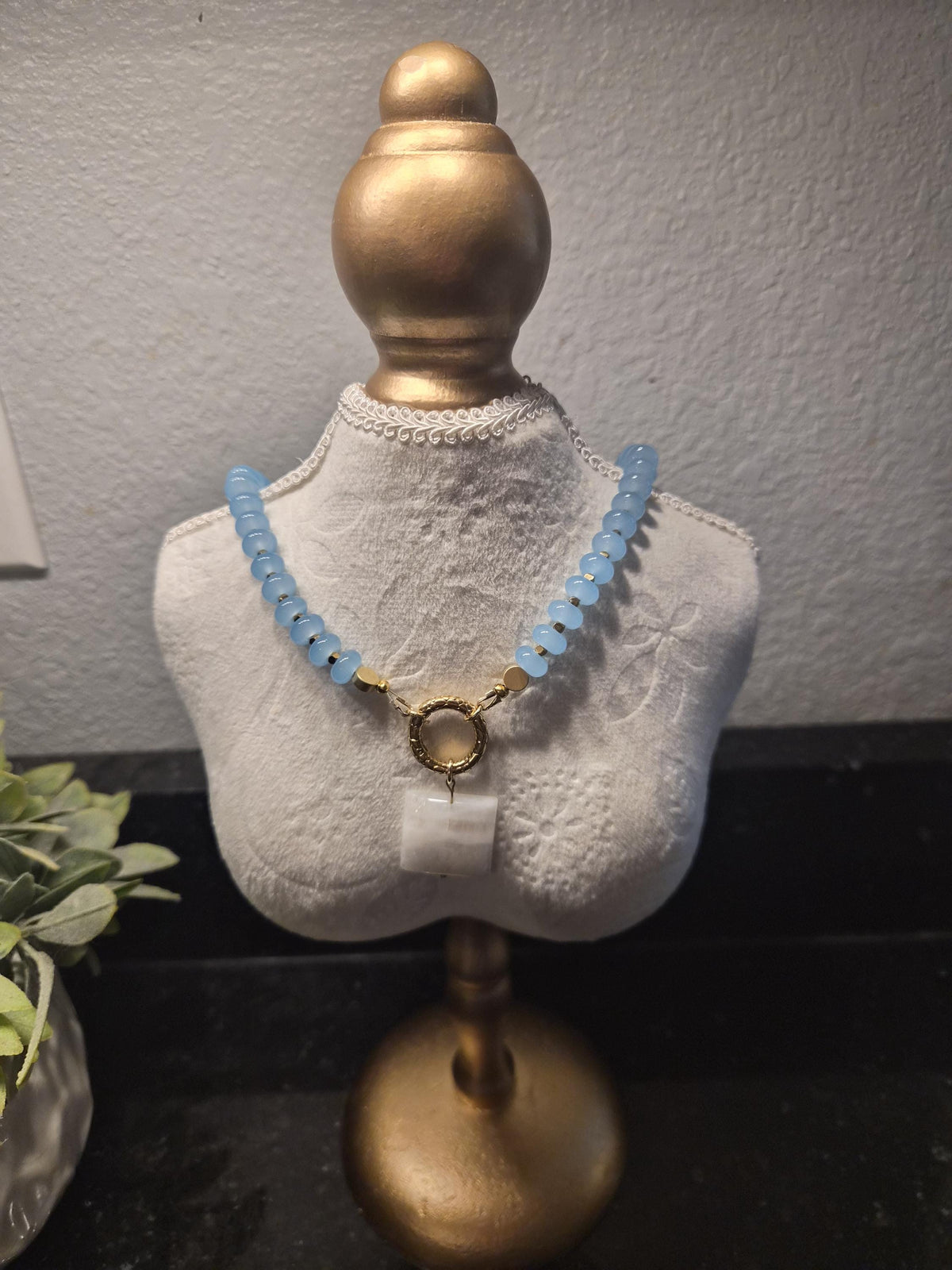 Blue Beaded Necklace with White Moonstone Pendant