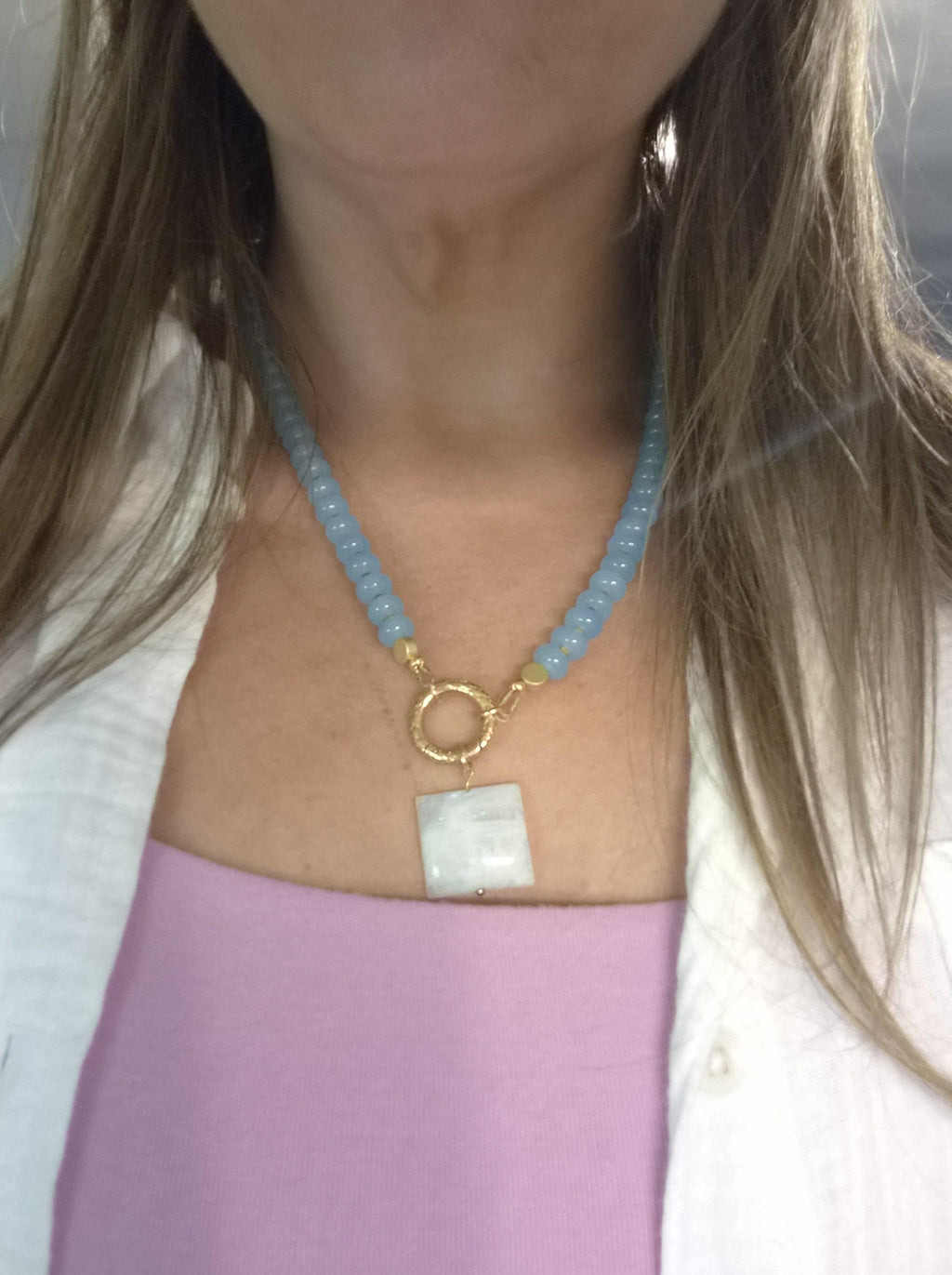 Blue Beaded Necklace with White Moonstone Pendant