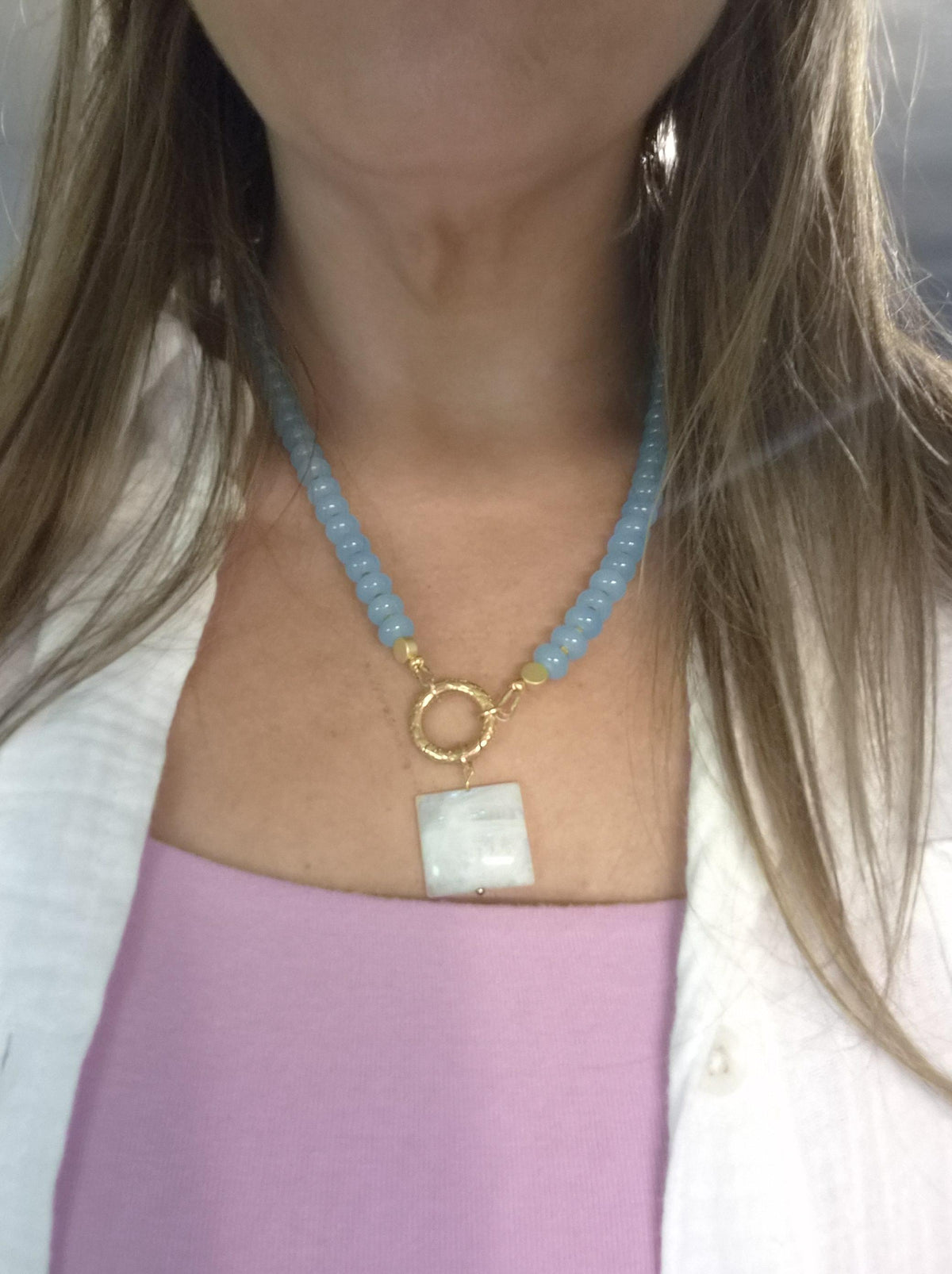 Blue Beaded Necklace with White Moonstone Pendant