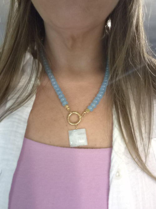 Blue Beaded Necklace with White Moonstone Pendant