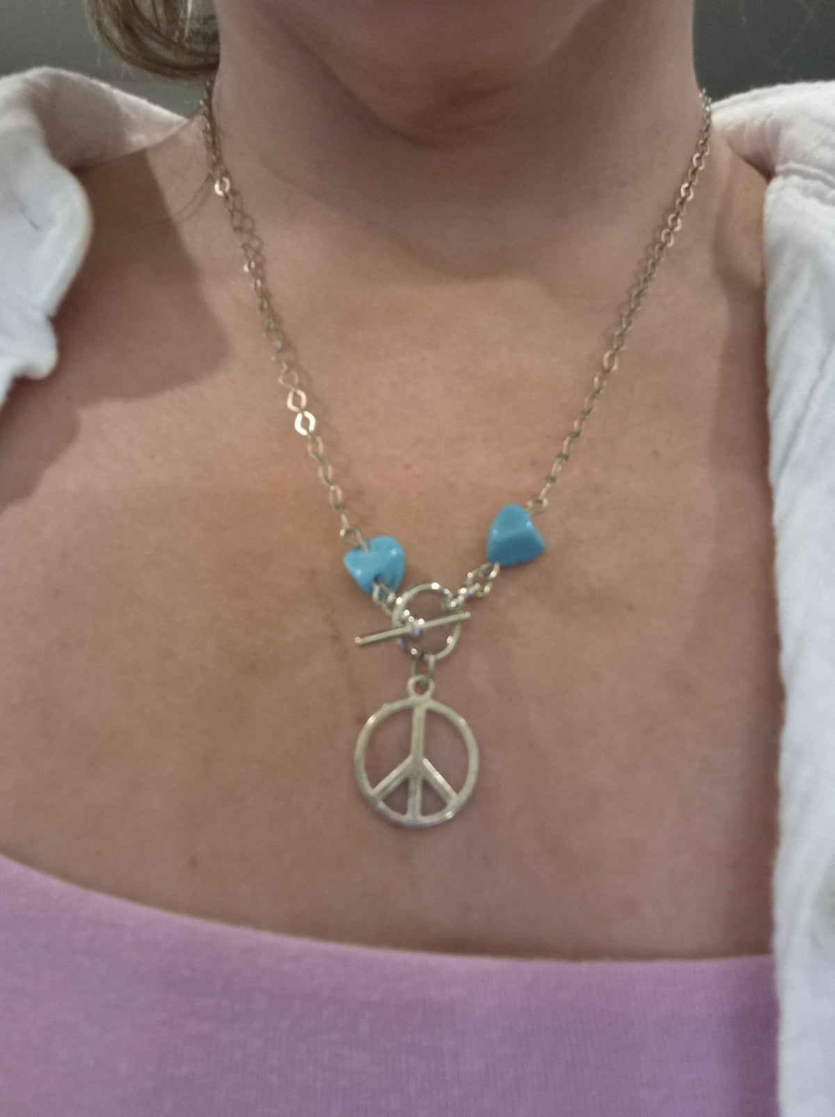 Silver Peace Sign Necklace with Turquoise Nuggets