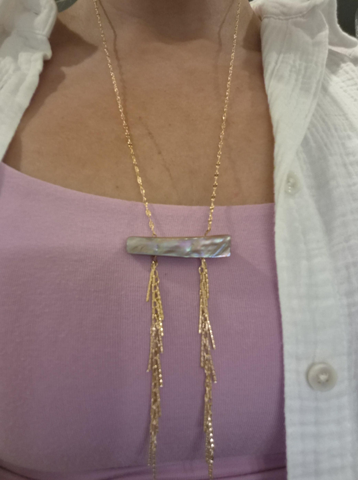 Mother-of-Pearl Bar Necklace with Gold Tassel Pendant