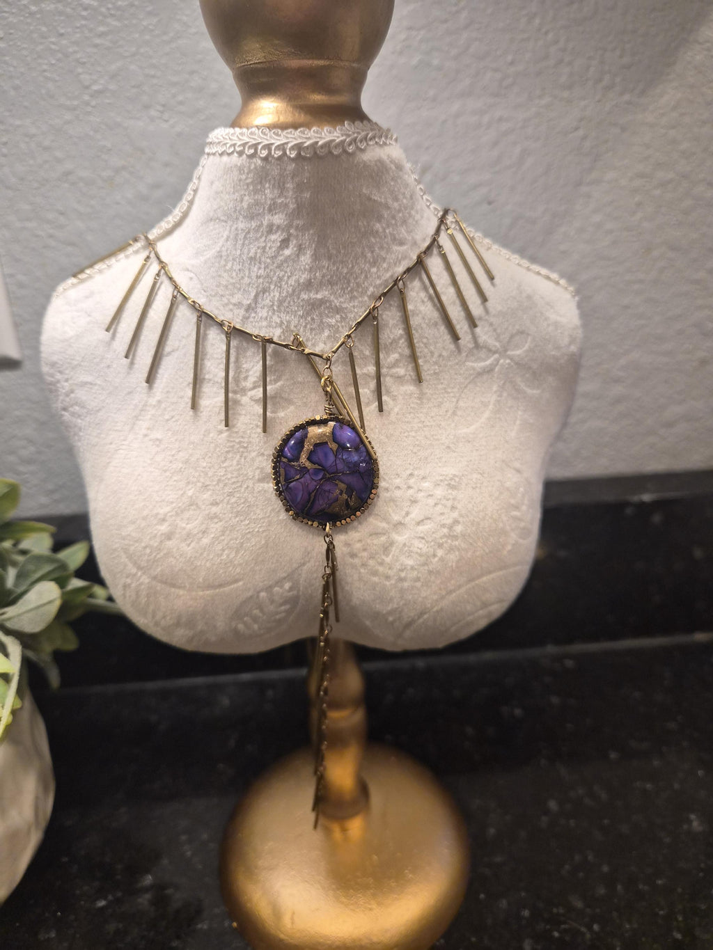 Purple Turquoise and Brass Tassel Necklace