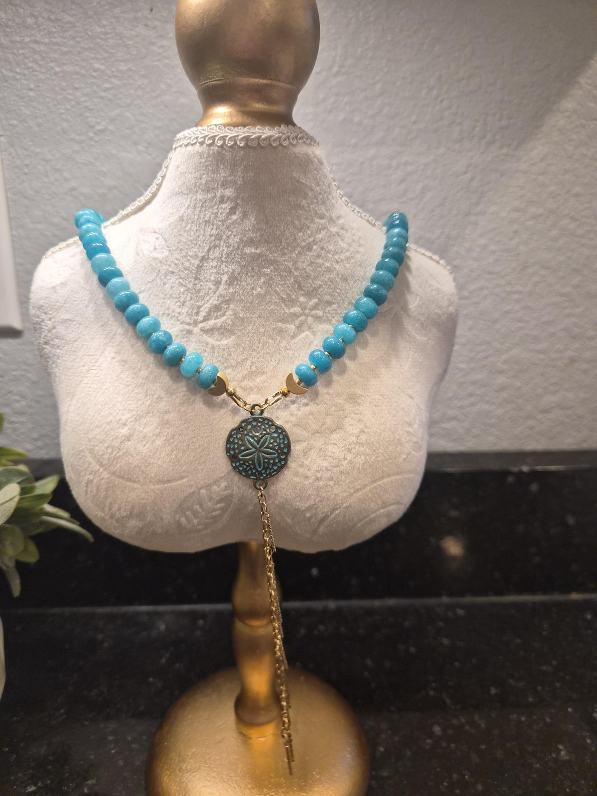 Turquoise Blue Beaded Necklace with Sand Dollar Pendant