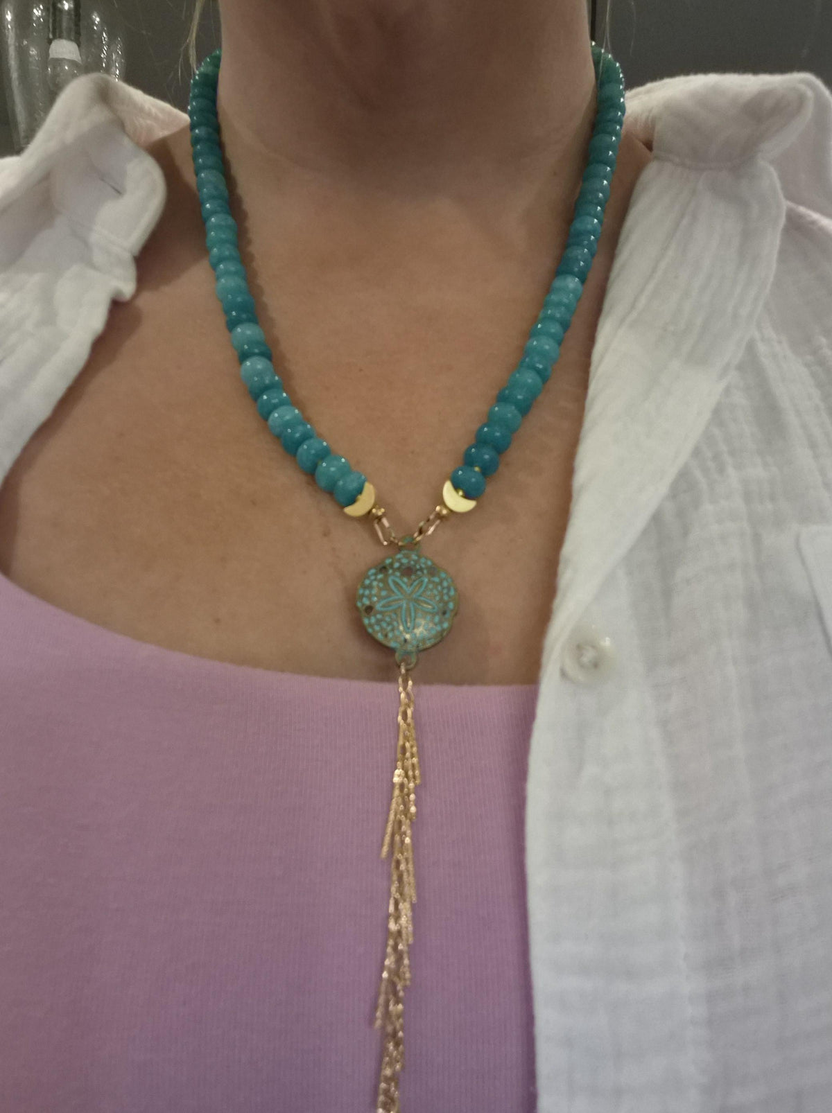 Turquoise Blue Beaded Necklace with Sand Dollar Pendant