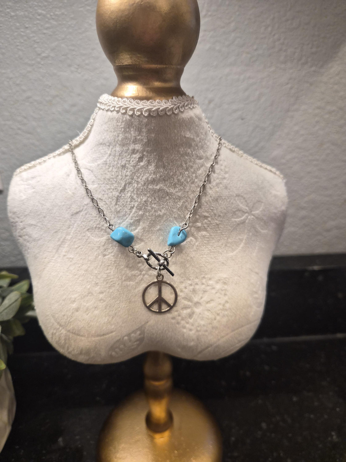 Silver Peace Sign Necklace with Turquoise Nuggets
