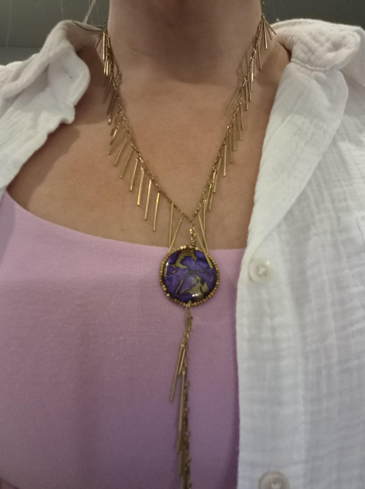 Purple Turquoise and Brass Tassel Necklace