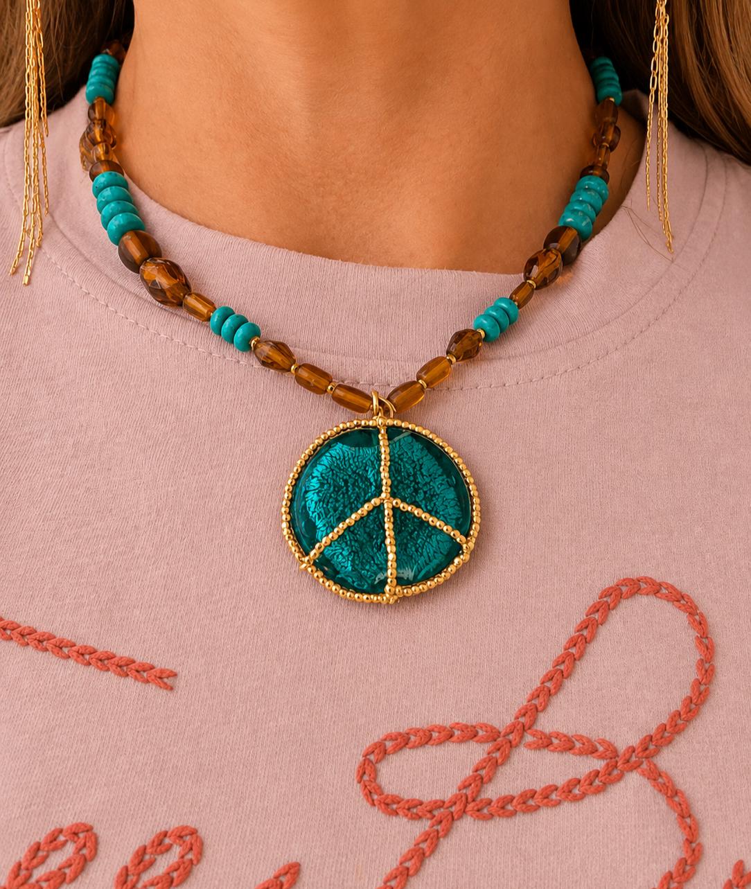 Brown & Turquoise peace sign necklace