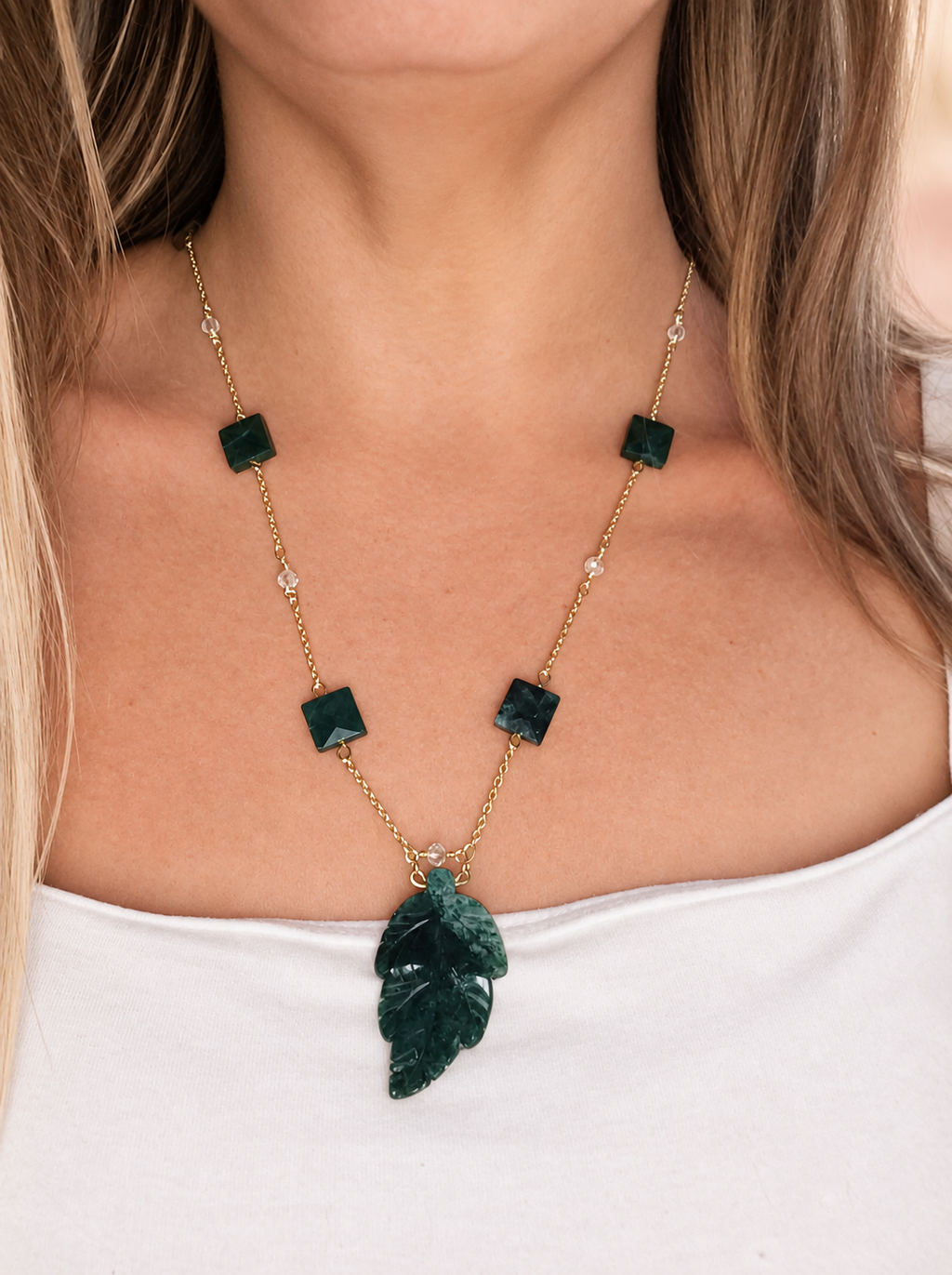 Moss Agate Leaf Necklace